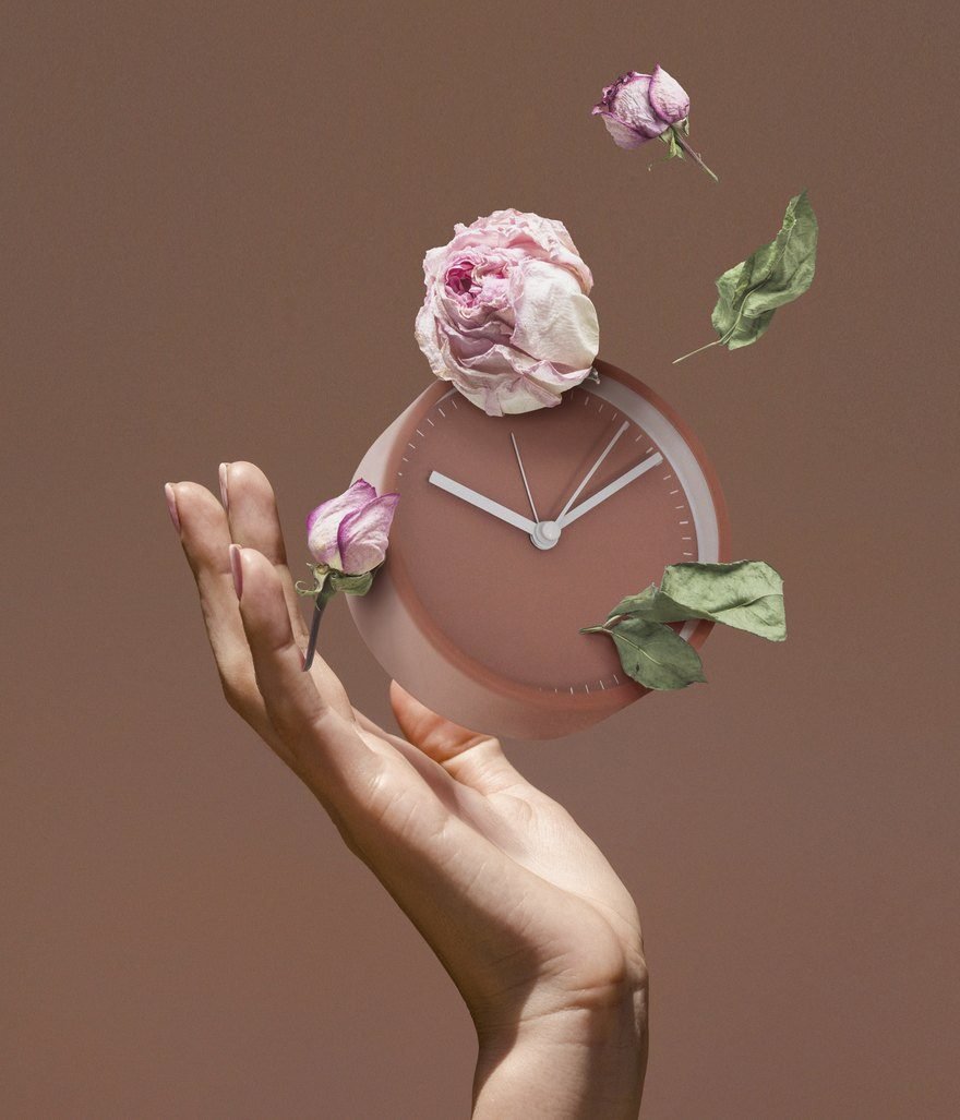 A hand holding a clock surrounded by dried roses