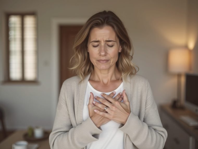 Woman with a hand on her chest