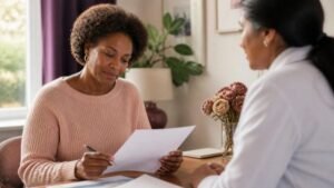 Woman in her late 40s reviewing non-hormonal perimenopause options with her doctor