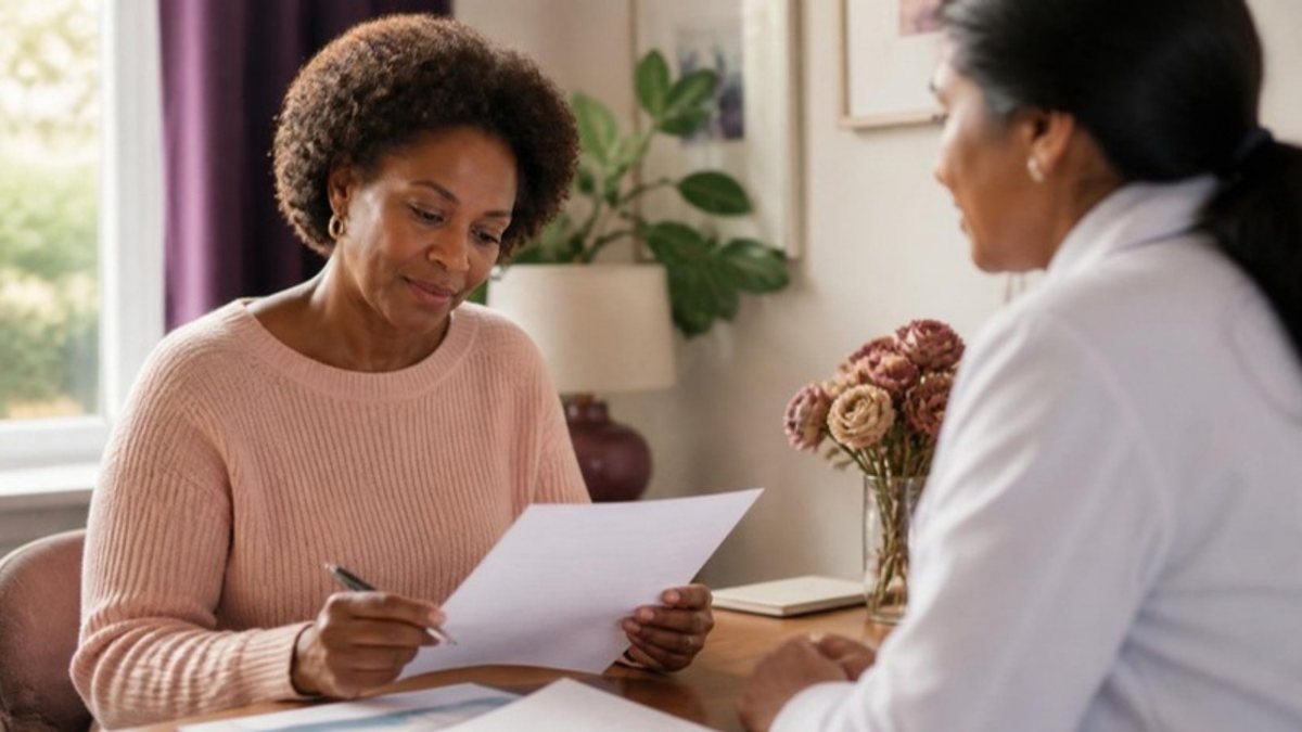 Woman in her late 40s reviewing non-hormonal perimenopause options with her doctor